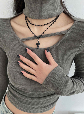 暗黑风黑色十字架双层叠戴项链