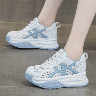 ZFCQ厚底镂空透气内增高洞洞鞋女款真皮2026夏新款休闲不累脚凉鞋