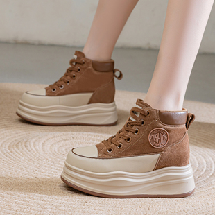 ZFCQ新款厚底内增高休闲鞋女款全皮2026春秋小个子高跟10cm高帮鞋