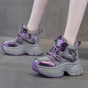 ZFCQ新款紫色8cm内增高老爹鞋女款真皮2026春秋厚底小个子高帮鞋