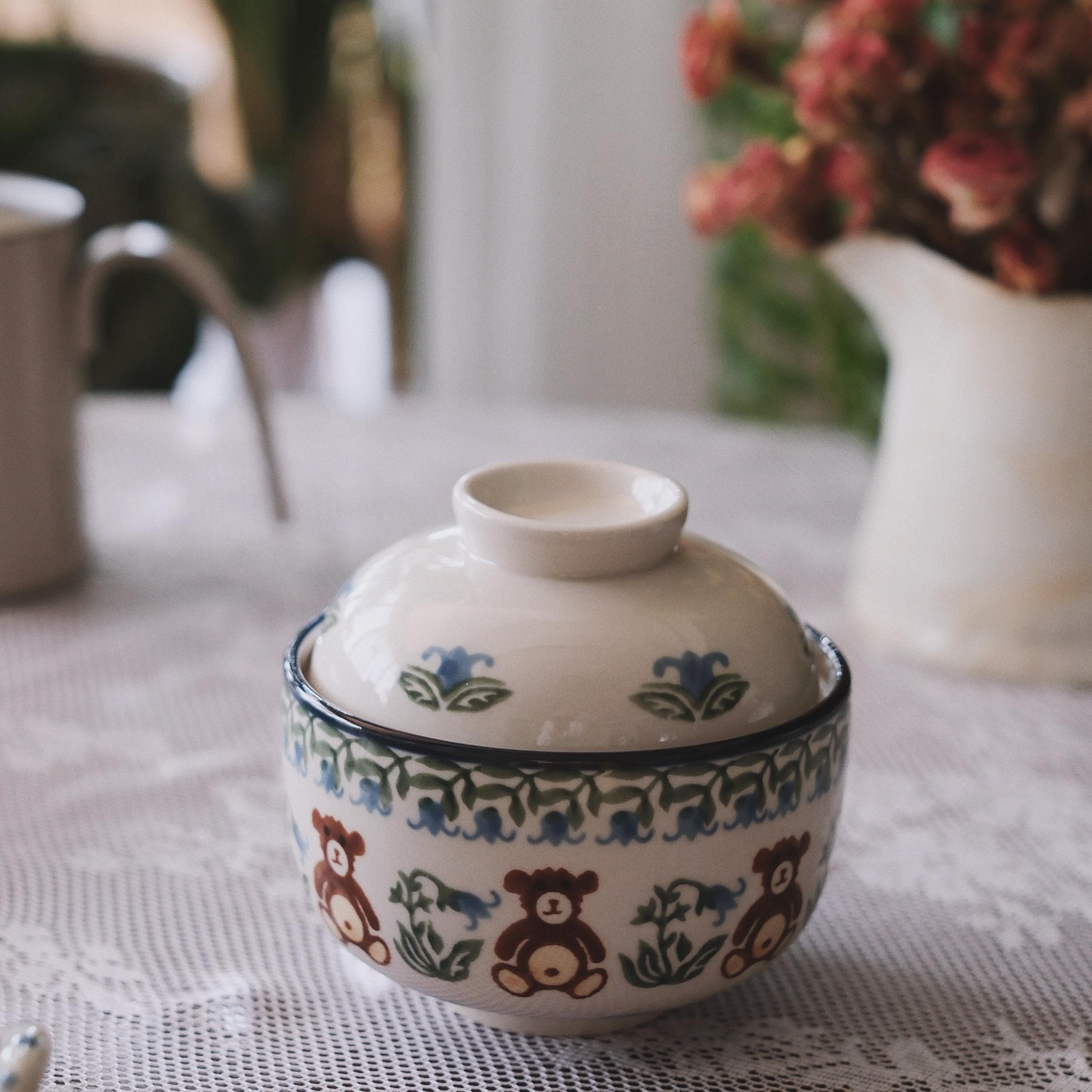 英国vintage中古釉下彩微波炉碗高颜值碟铃兰小熊raspber炖盅盖碗