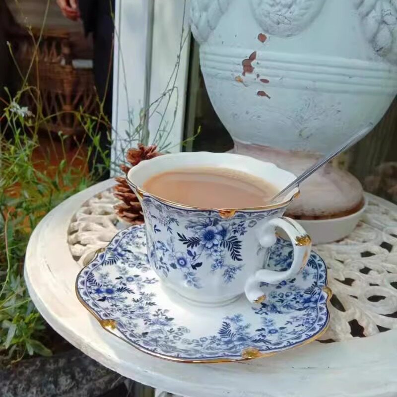 复古青花描金系列骨瓷奢华下午茶杯碟咖啡杯碟套装高级感轻奢专业