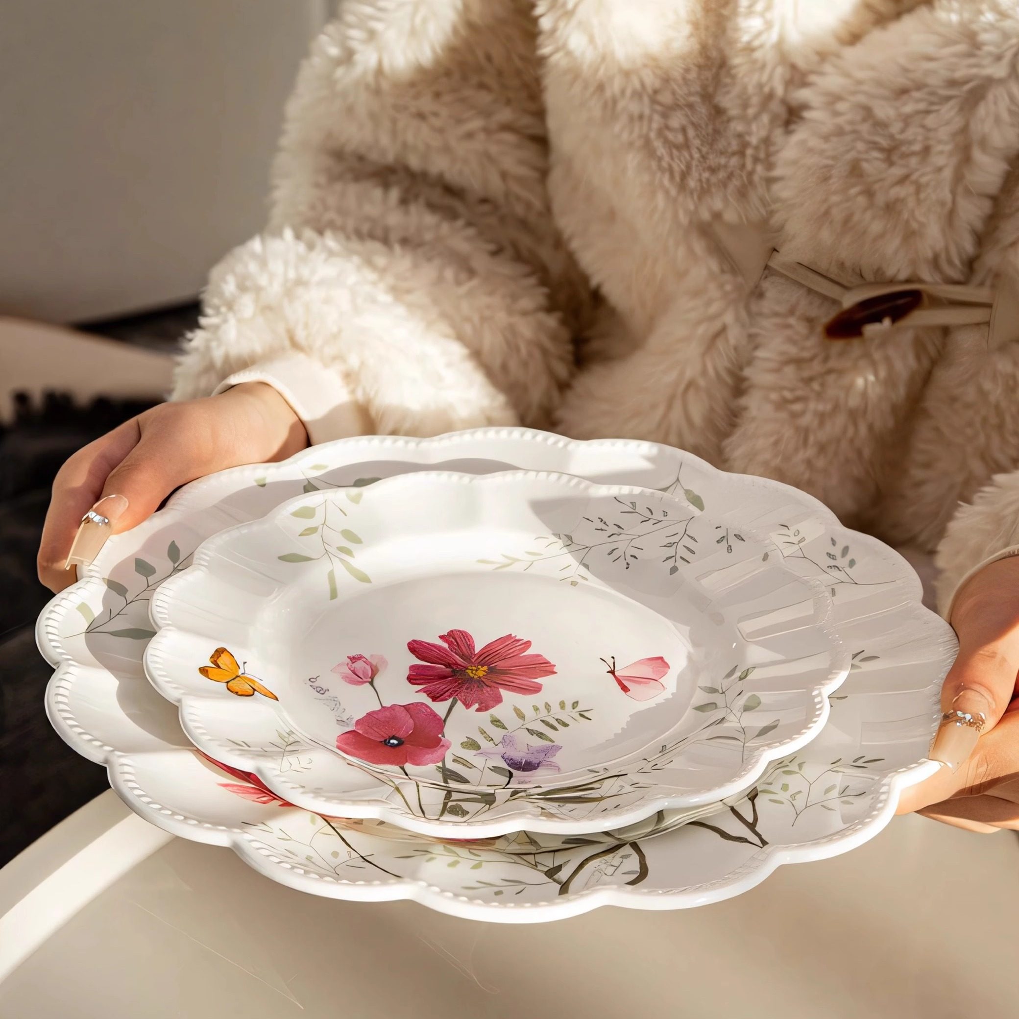 复古釉下彩陶瓷盘子大号不规则餐盘五彩手绘盘蝴蝶餐具新婚伴手礼