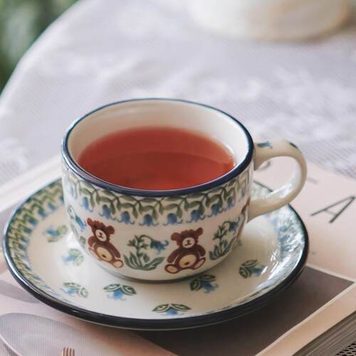 波兰高颜值美浓烧玲花熊马克杯日式早餐杯茶杯点心碟复古咖啡杯碟