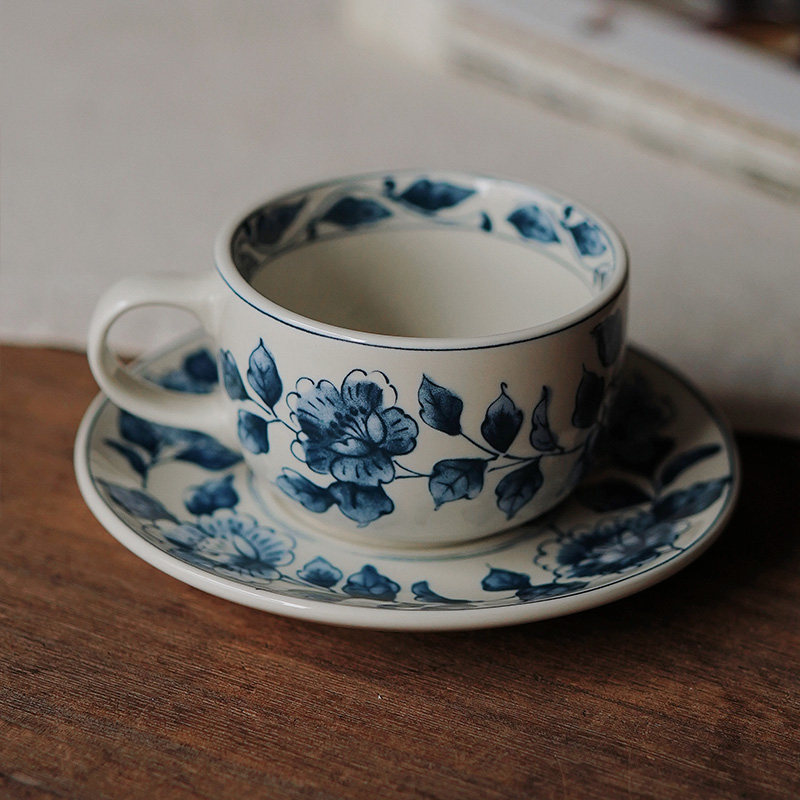 咖啡拉花杯新中式景德镇陶瓷杯碟套装家用拿铁咖啡杯青花釉下彩