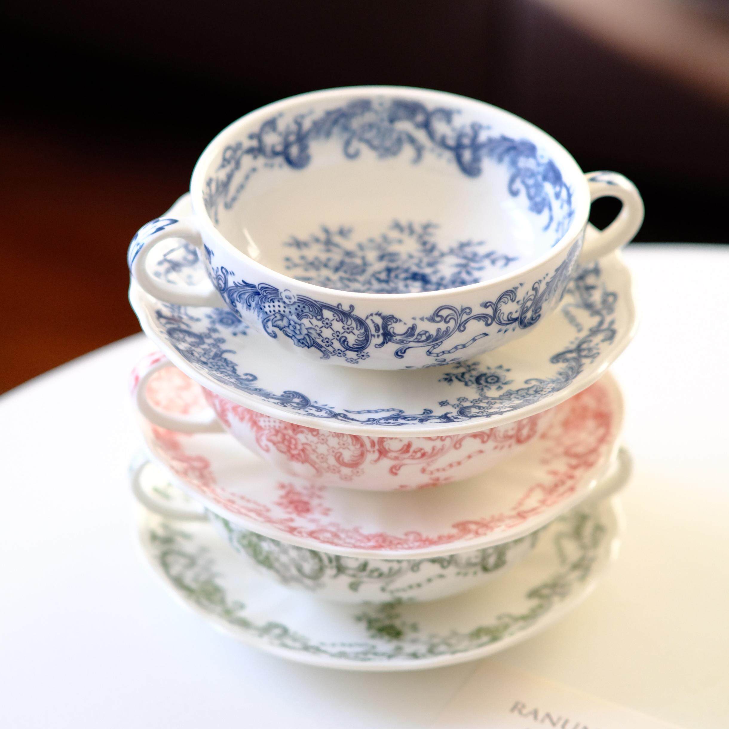 日釉下彩青花双耳碗复古日式家用陶瓷餐具饭碗面碗菜盘碗碟甜品碗