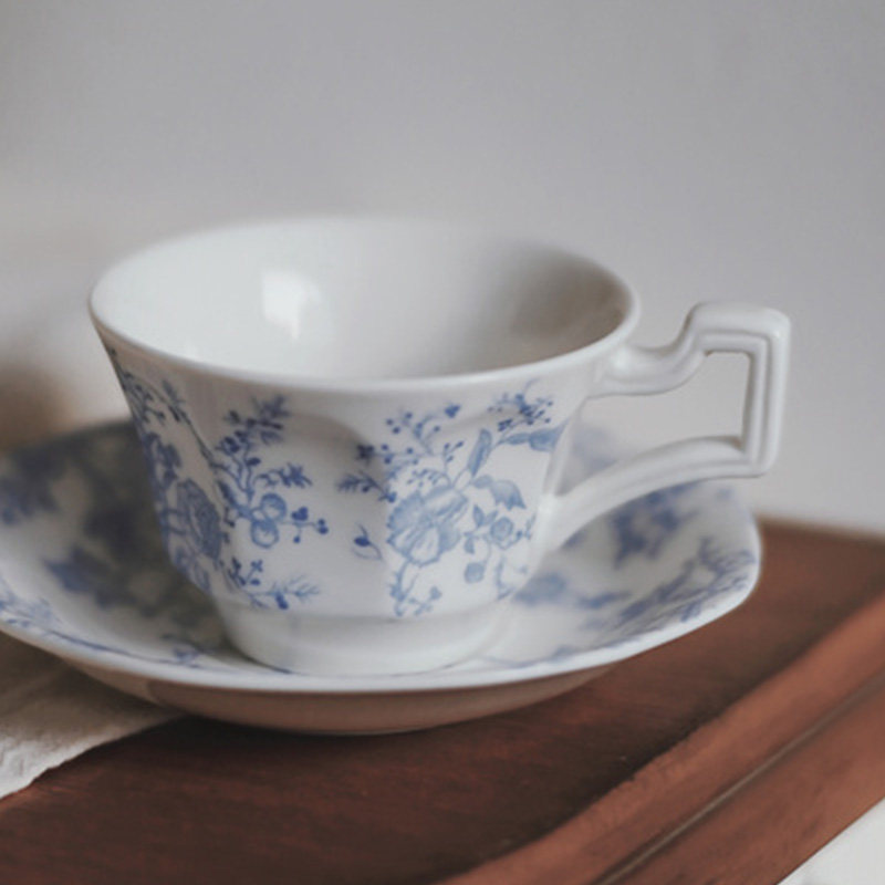 自留法式复古陶瓷杯碟中古蓝色花卉好茶套vintage釉下彩咖啡杯碟