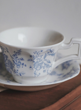 自留法式复古陶瓷杯碟中古蓝色花卉好茶套vintage釉下彩咖啡杯碟