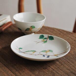 复古田烧陶瓷创意出口日本高白瓷碗碟餐盘子绣眼鸟主题彩富贵餐具
