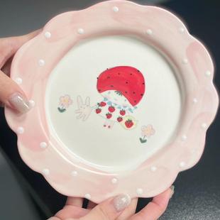 釉下彩日系设计款山口麻子小草莓兔子花瓣陶瓷手绘手作甜品盘餐盘