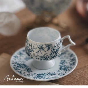 法式复古雾蓝花卉陶瓷下午茶餐具ins有格调咖啡杯碟甜品盘子早餐
