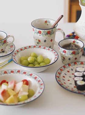 波兰颜值手绘陶器可爱草莓烤箱碗米饭碗单把碗圆盘海鲜汤盆 2709X