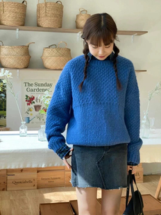 蓝现韩国正品东大门购23秋冬Nock纯色菠萝问长袖针织毛衣女