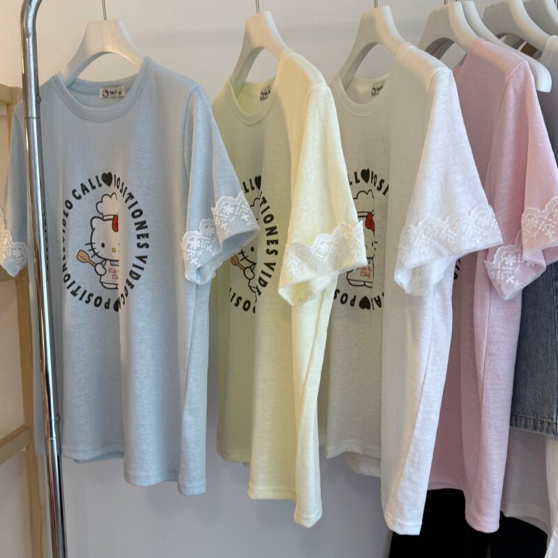 26夏新款 韩系卡通厨师小猫印花 蕾丝袖边圆领短袖女士棉T 雪花棉