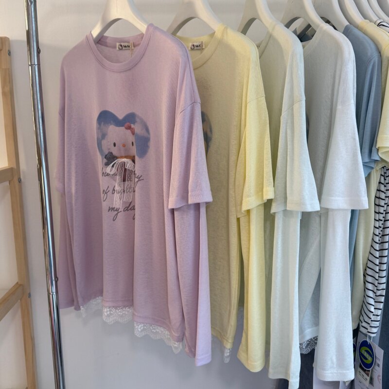 26春夏新 韩系宽松大版圆领长袖假两件袖女士卡通小猫蕾丝蝴蝶结T