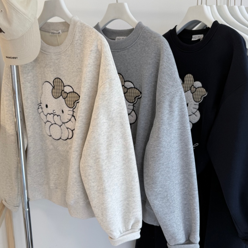 冬加绒 卡通刺绣蝴蝶结小猫韩系圆领卫衣 女士摇粒绒减龄短款上衣