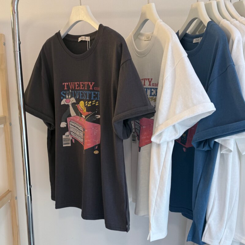 26夏新 宽松休闲韩系大版T 卡通印花懒人棉圆领短袖百搭女T 上衣