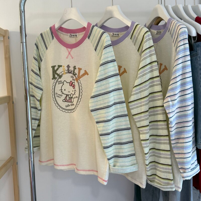 26春 螺纹撞色领口插肩袖卡通字母小猫长袖棉T 宽松韩系打底衫女