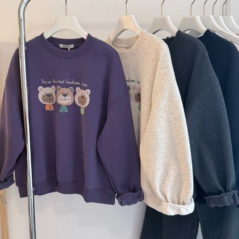 冬加绒新款 韩系卡通小熊印花圆领卫衣女 轻便保暖摇粒绒短款上衣