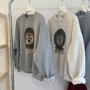 冬加绒 卫衣女士摇粒绒上衣 卡通韩系帽子小狗印花圆领慵懒感短款