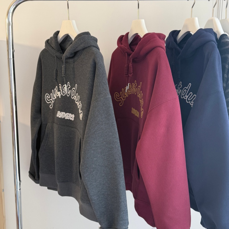 冬加绒 毛线刺绣立体字母简约百搭连帽卫衣女 韩系保暖奥粒绒帽衫