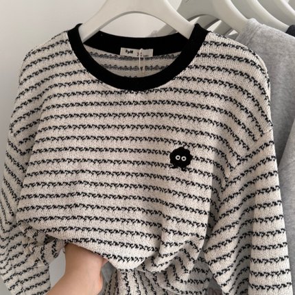 新款刺绣小煤球 韩系条纹针织打底衫女T 小个子短款圆领百搭上衣