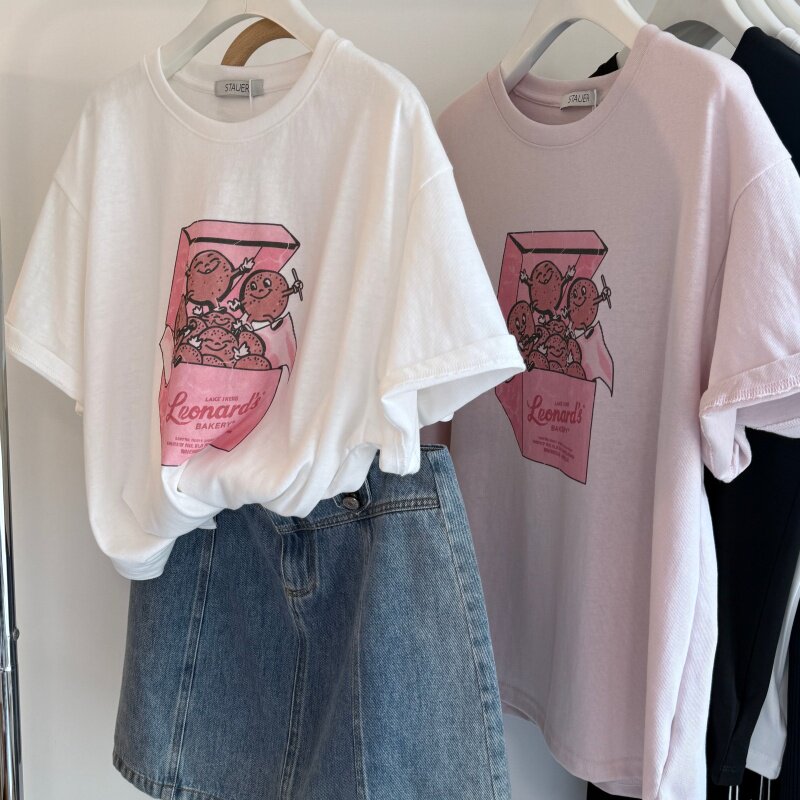 26春夏 韩系落肩袖宽松休闲大版圆领短袖女T 卡通印花懒人棉背心