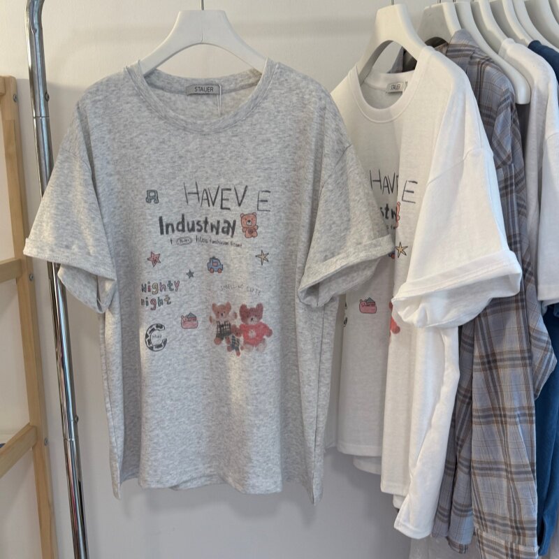 26夏 韩系卡通小熊字母简笔画 宽松休闲大版圆领短袖女T 百搭背心