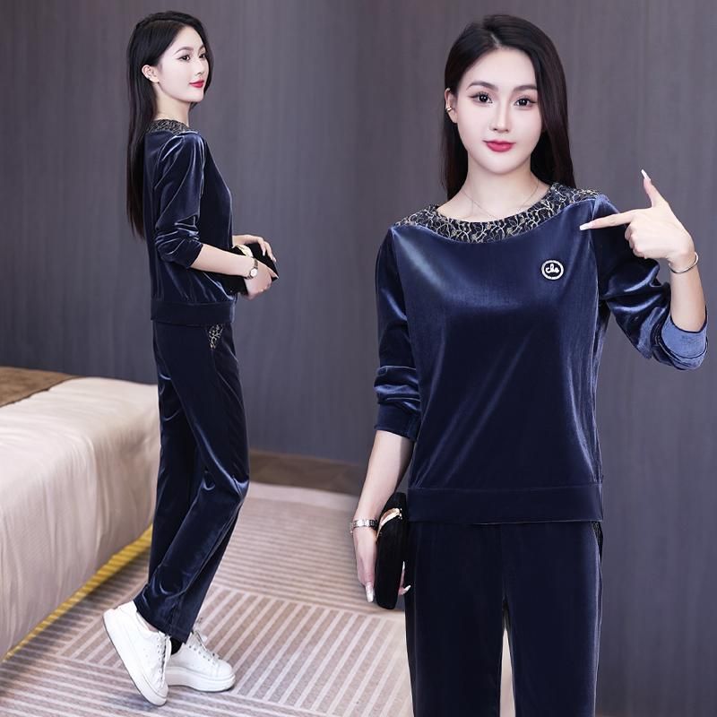 减龄洋气刺绣金丝绒休闲运动套装女春秋季气质时尚圆领卫衣两件套
