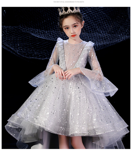 出租女童公主裙秋冬燕尾连衣裙前短后长儿童主持洋气婚纱表演礼服