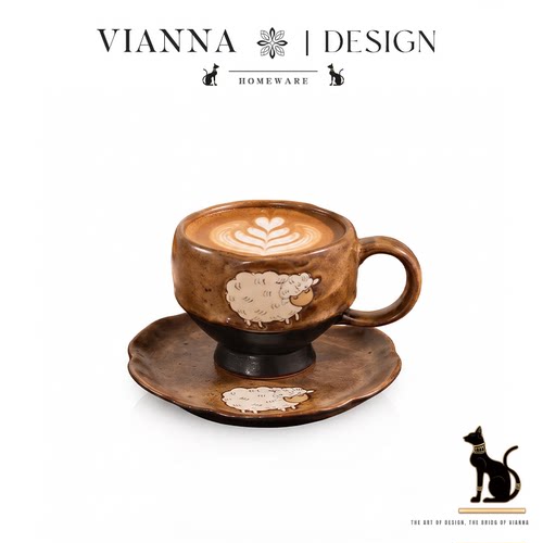 VIANNA丨咩酌·PAIO复古卡通绵羊陶瓷咖啡杯带杯碟小众下午茶拉花