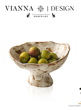 VIANNA丨黄奇·HUDC复古粗陶高脚花朵盘家用创意异形水果托盘摆件