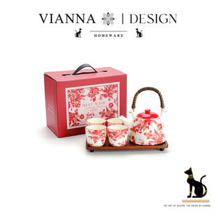 VIANNA 家用陶瓷茶杯茶壶带托盘 赤瑰·DGSB复古法式 玫瑰茶具套装
