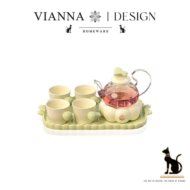 VIANNA丨蝴蝶·SX奶油风陶瓷水杯花茶壶套装蜡烛加入养生壶带托盘
