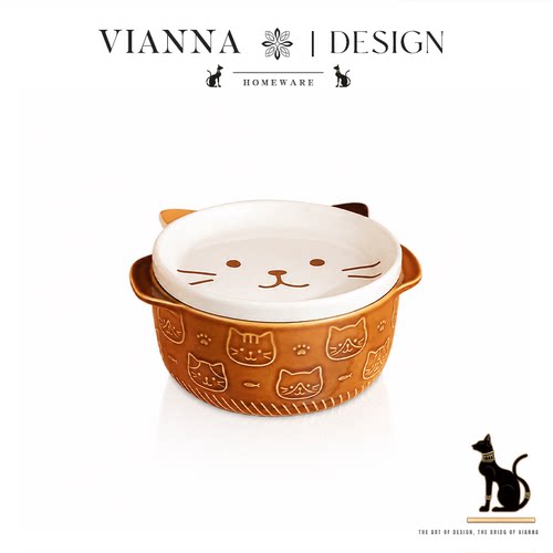 VIANNA猫咪陶瓷带盖双耳泡面碗