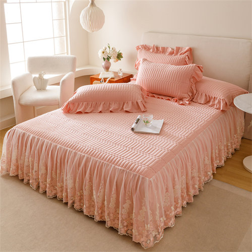 A类水洗棉床罩三件套韩式蕾丝花边床裙单件加厚夹棉床套床盖床单