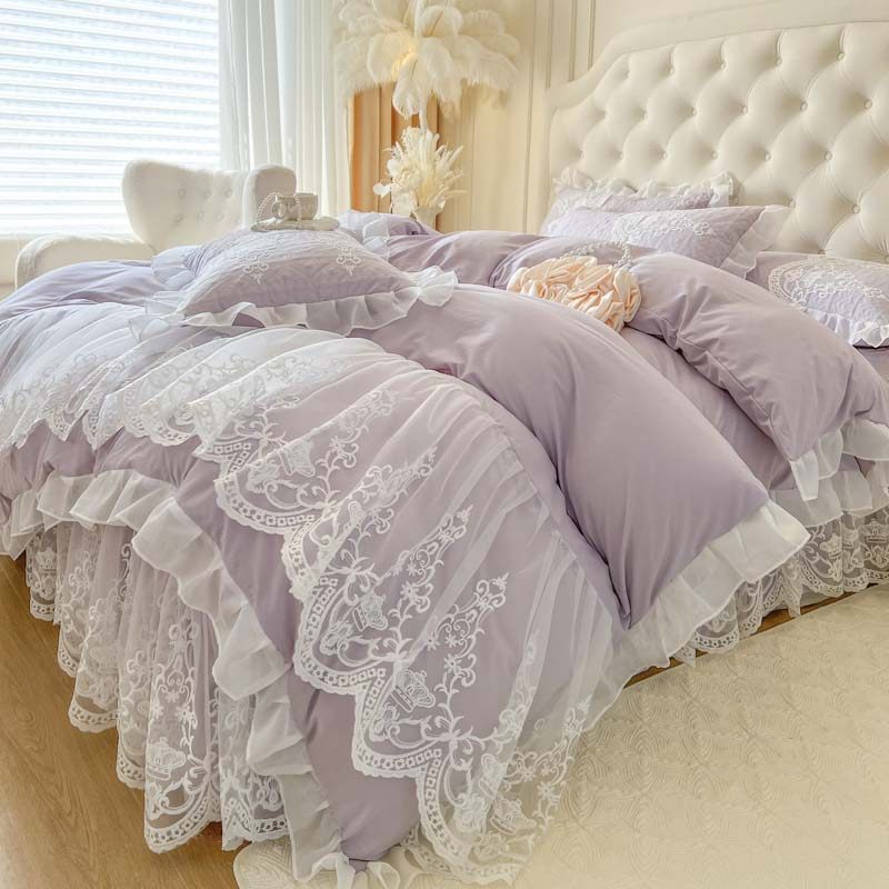 法式浪漫蕾丝床裙四件套加厚夹棉公主风床罩裸睡透气花边双人被套