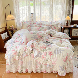 全棉花边被套韩版床裙式四件套A类母婴级1.8m2米床罩套纯棉可裸睡