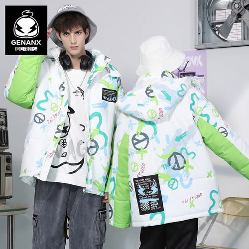 genanx闪电潮牌连帽可拆帽厚棉衣