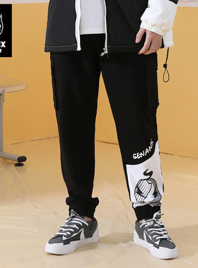 GENANX闪电潮牌新款抽绳工装口袋束脚休闲裤黑色百搭宽松裤子