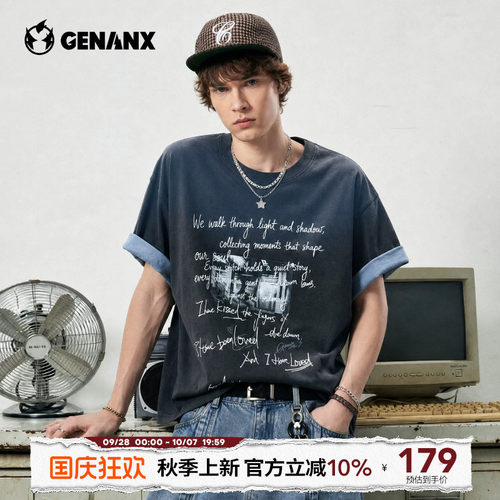 GENANX闪电潮牌美式怀旧胶片印花半袖2026夏季新款慵懒重磅短袖