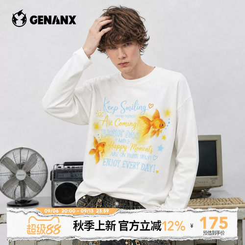 GENANX闪电潮牌2026秋季新款金鱼印花长袖oversize美式潮牌圆领