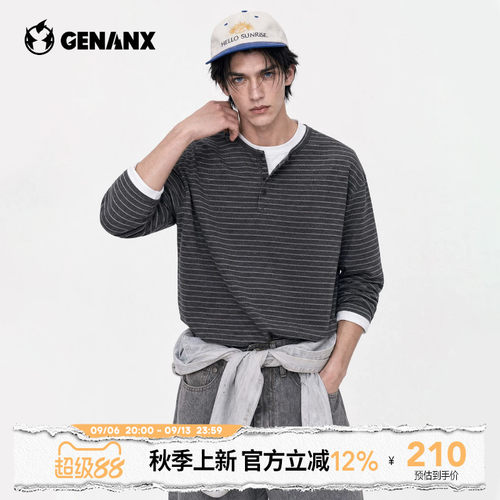GENANX秋季圆领卫衣男宽松弹力落肩袖长袖套头衫潮牌百搭秋装上衣