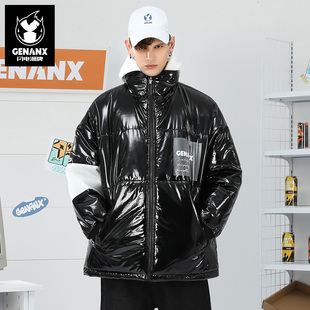 GENANX闪电潮牌22FW新款 黑色亮面免洗加厚棉袄棉衣保暖外套男 冬季