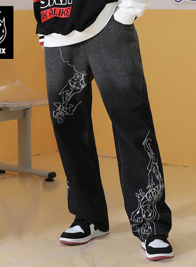 GENANX闪电潮牌春季新款阔腿牛仔裤黑灰色裤子直筒宽松牛仔裤