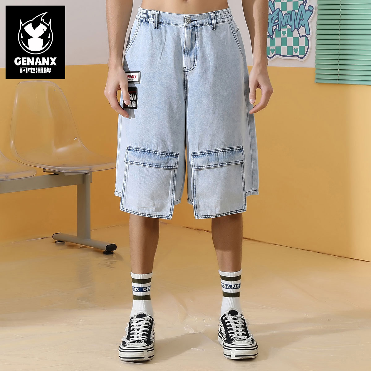 GENANX闪电潮牌工装口袋贴标短裤