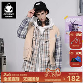GENANX闪电潮牌格子外套男工装 风衬衫 异料拼色插扣马甲格纹衬衣