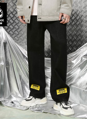 GENANX闪电潮牌牛仔裤男直筒宽松时尚新款简约印花黑色牛仔裤男生