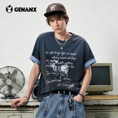 GENANX闪电潮牌美式怀旧胶片印花半袖2026夏季新款慵懒重磅短袖