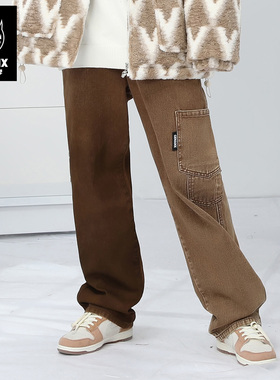 GENANX闪电潮牌咖啡色牛仔裤喷漆渐变色不对称口袋直筒牛仔长裤